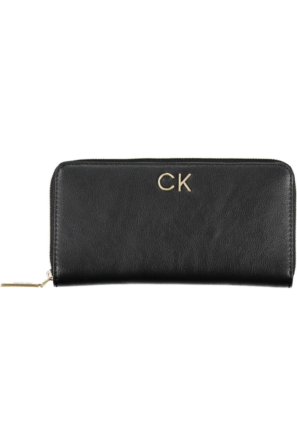 Black Calvin Klein women's zip-around wallet with logo applique, showcasing RFID blocking and card compartments