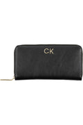 Black Calvin Klein women's zip-around wallet with logo applique, showcasing RFID blocking and card compartments