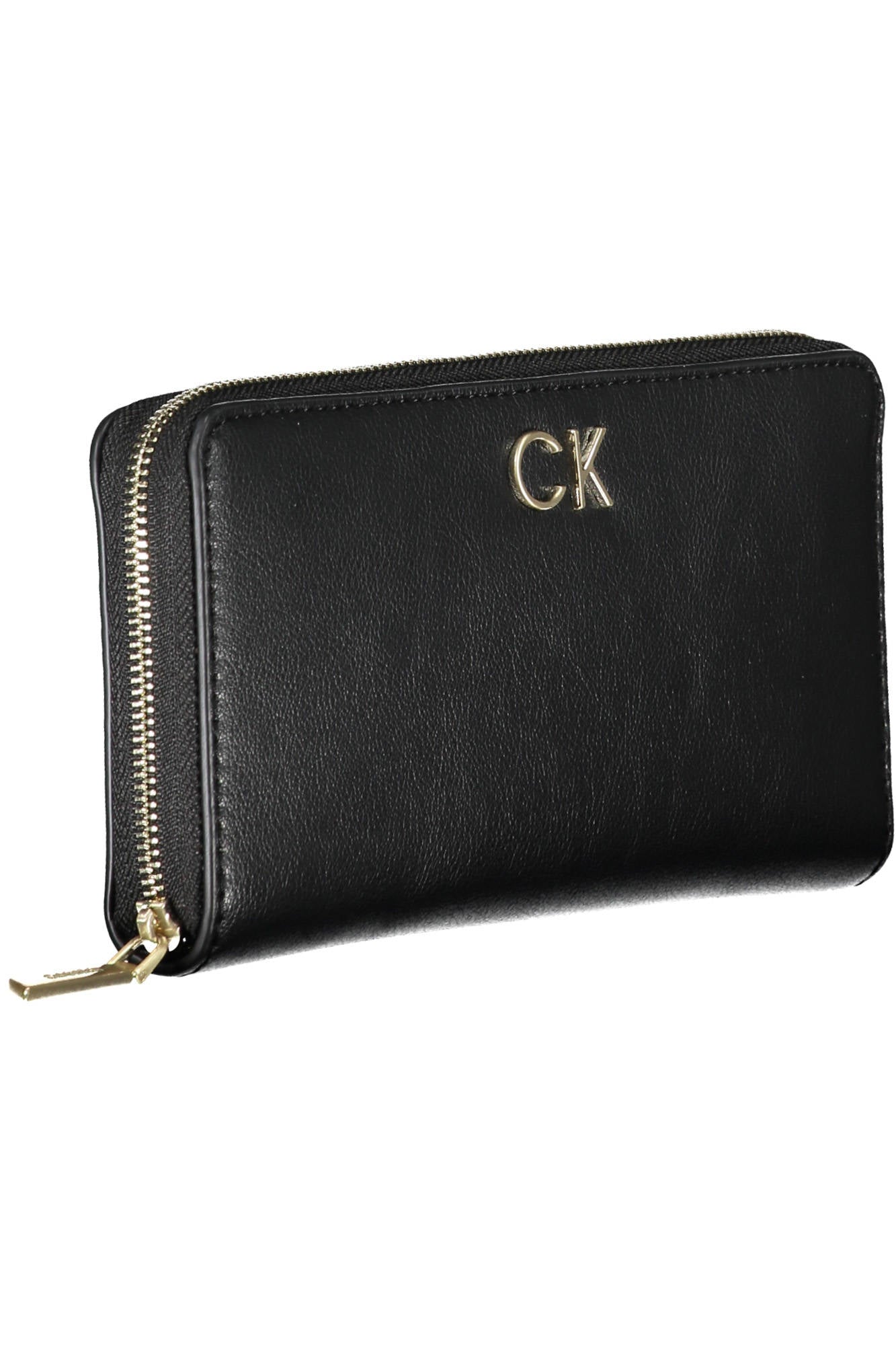 Black Calvin Klein women's zip-around wallet with logo applique, showcasing RFID blocking and card compartments — view 2