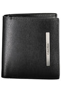 Black eco-leather men's wallet with RFID blocking, multiple card slots, and signature designer logo