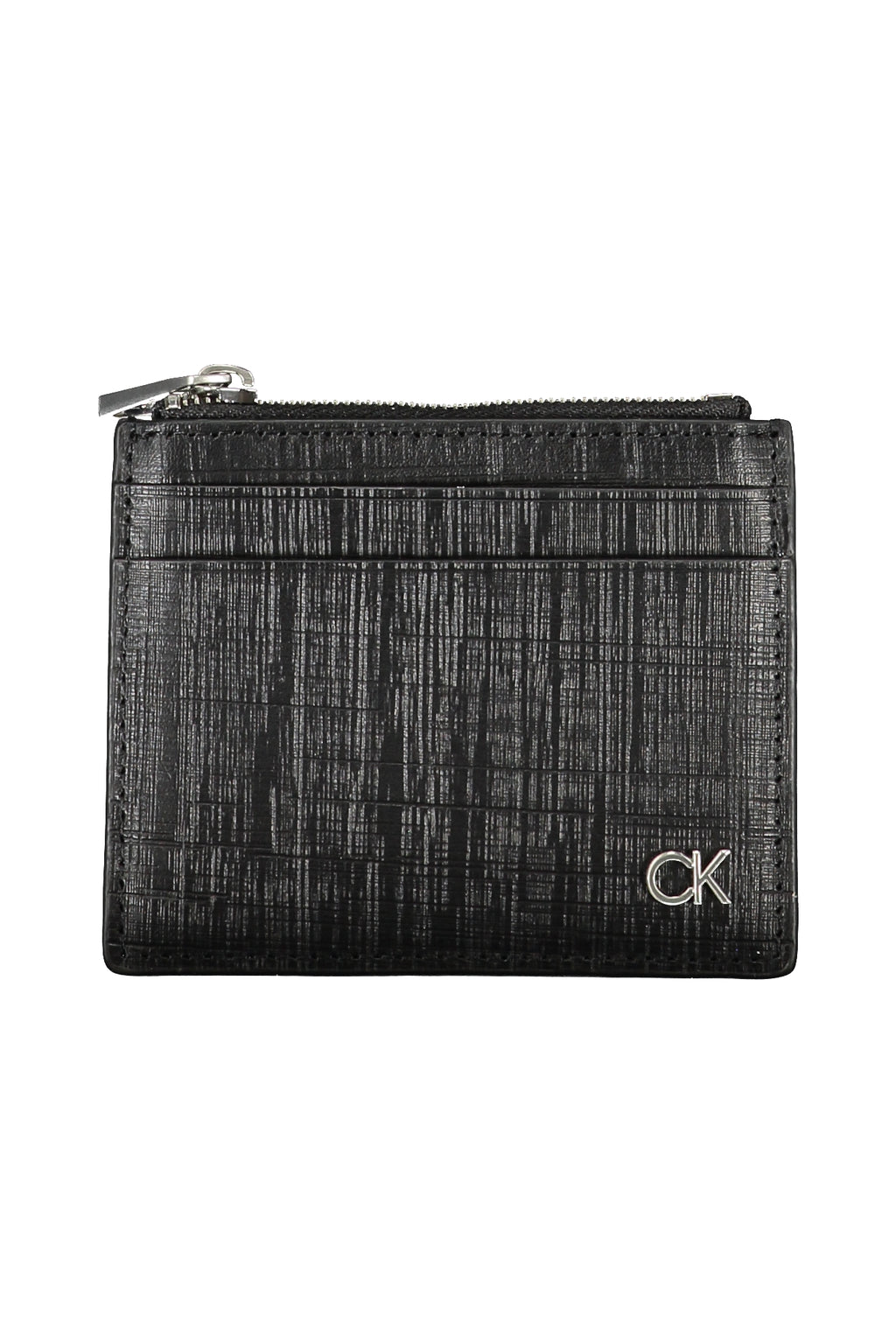 Black leather men's wallet with central zip pocket and multiple card holder slots