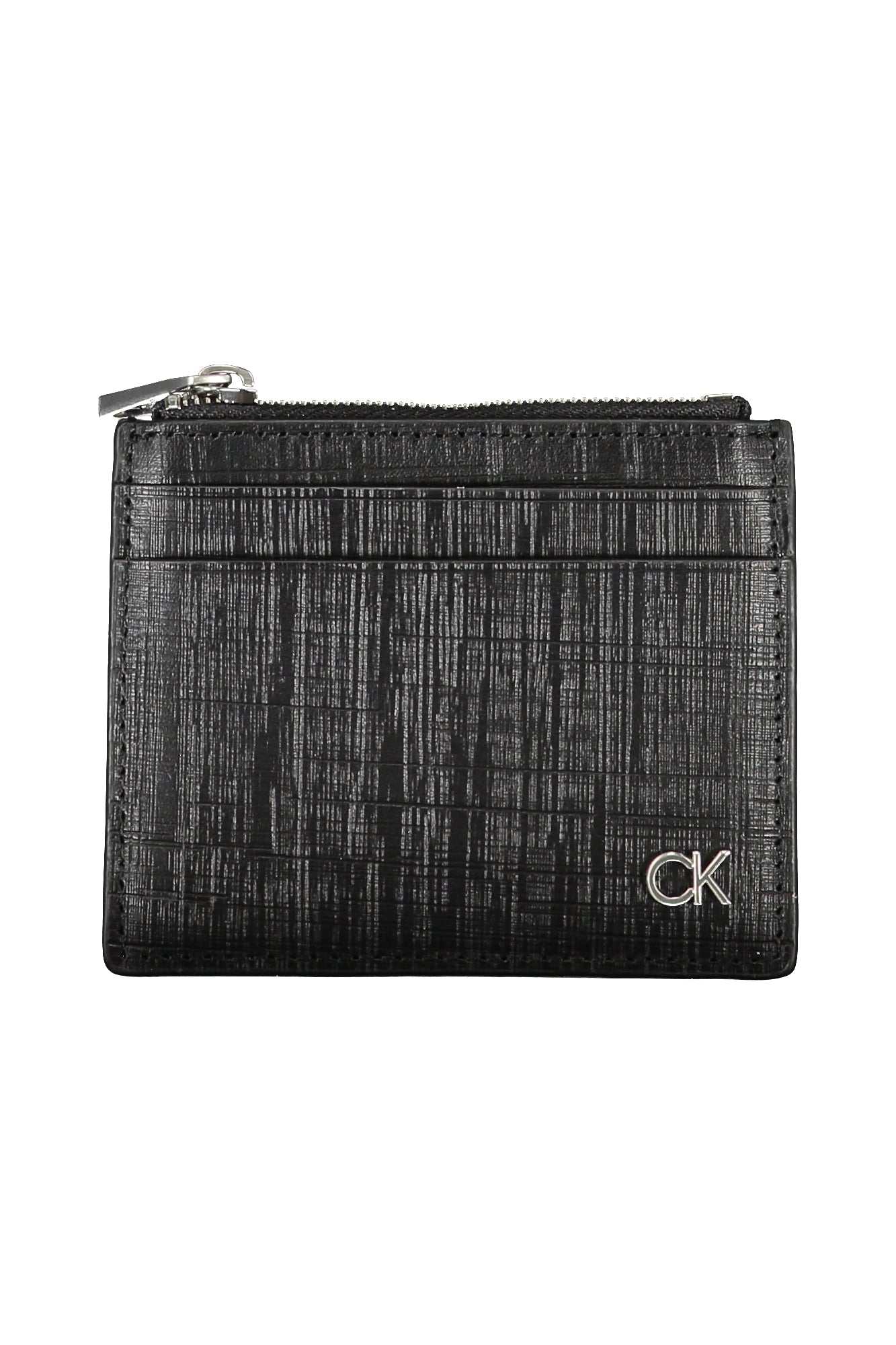 Black leather men's wallet with central zip pocket and multiple card holder slots