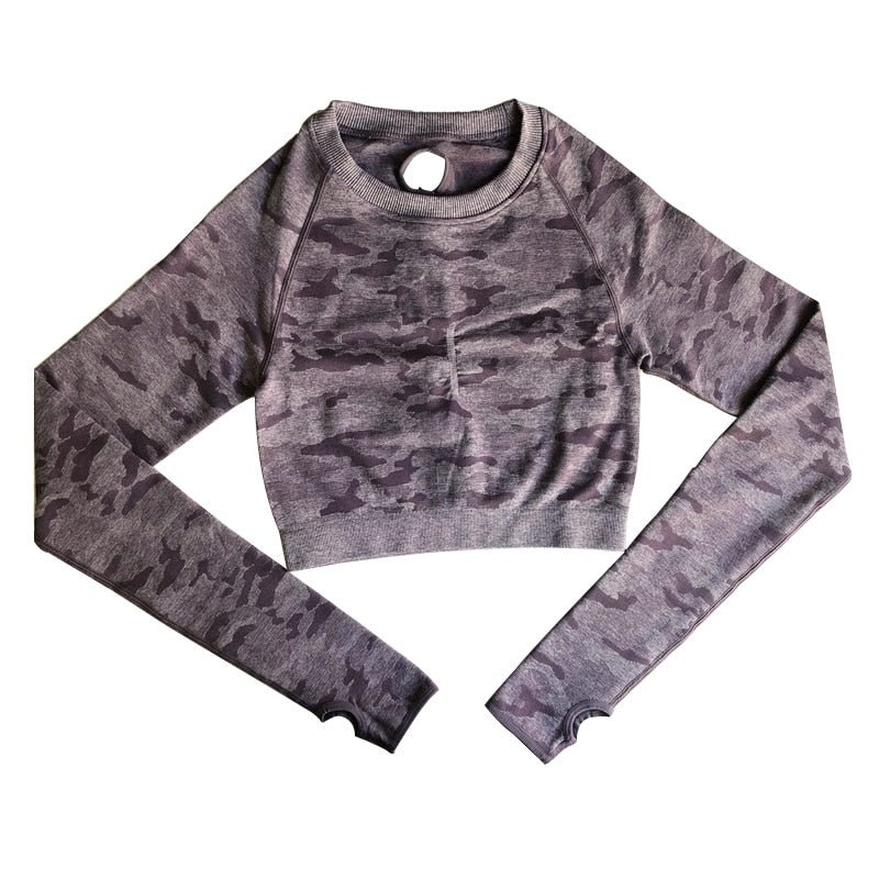 Women's camo seamless workout top, long sleeve knitted athletic shirt for gym running and yoga — view 2