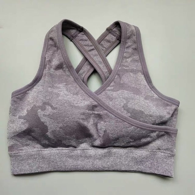 Seamless camouflage print push up sports bra for women in active fitness gym setting — view 3