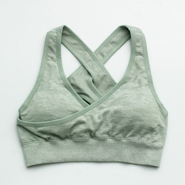Seamless camouflage print push up sports bra for women in active fitness gym setting — view 4