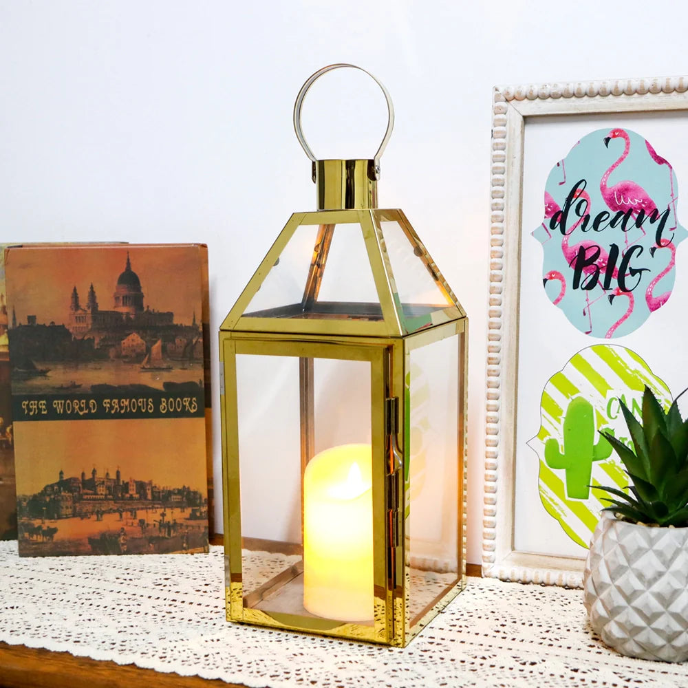 Vintage gold stainless steel decorative candle lantern with glass panes and top hanging ring. — view 2