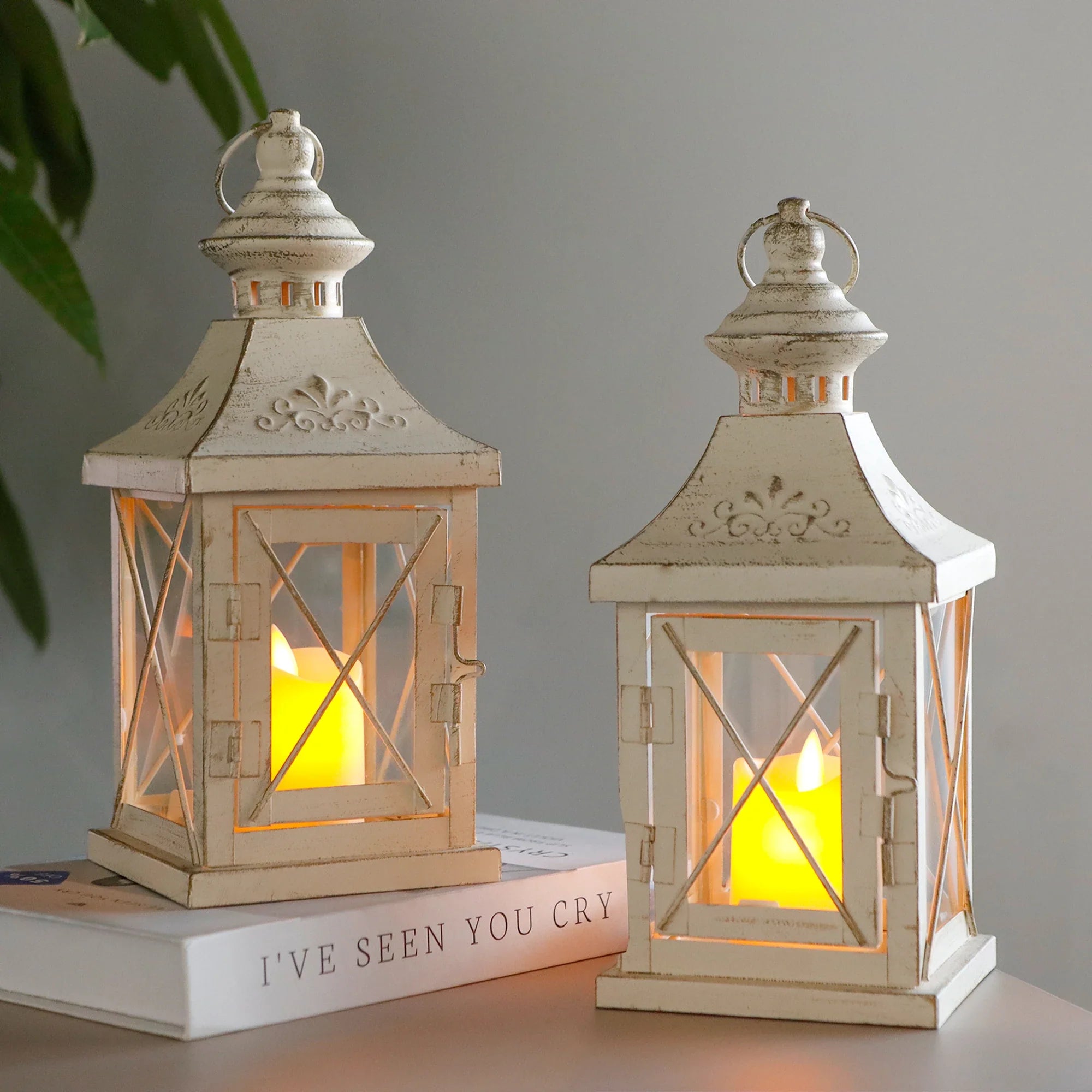 Set of two 11-inch white and gold brushed metal decorative candle lanterns with tempered glass panels — view 5