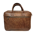 Natural brown leather laptop briefcase with dual handles, adjustable shoulder strap, and front compartments.