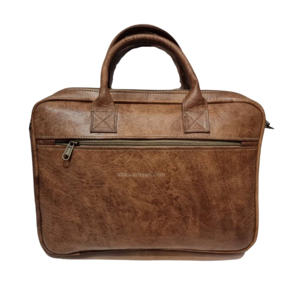 Natural brown leather laptop briefcase with dual handles, adjustable shoulder strap, and front compartments.