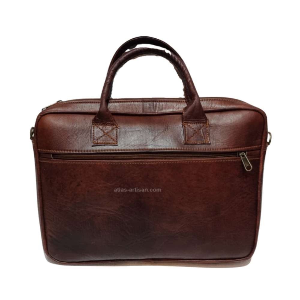 Natural brown leather laptop briefcase with dual handles, adjustable shoulder strap, and front compartments. — view 2
