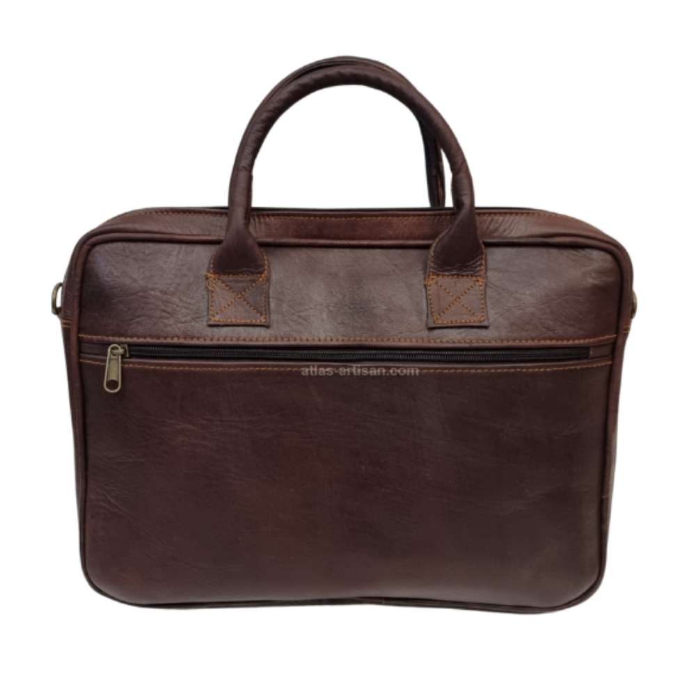 Natural brown leather laptop briefcase with dual handles, adjustable shoulder strap, and front compartments. — view 3