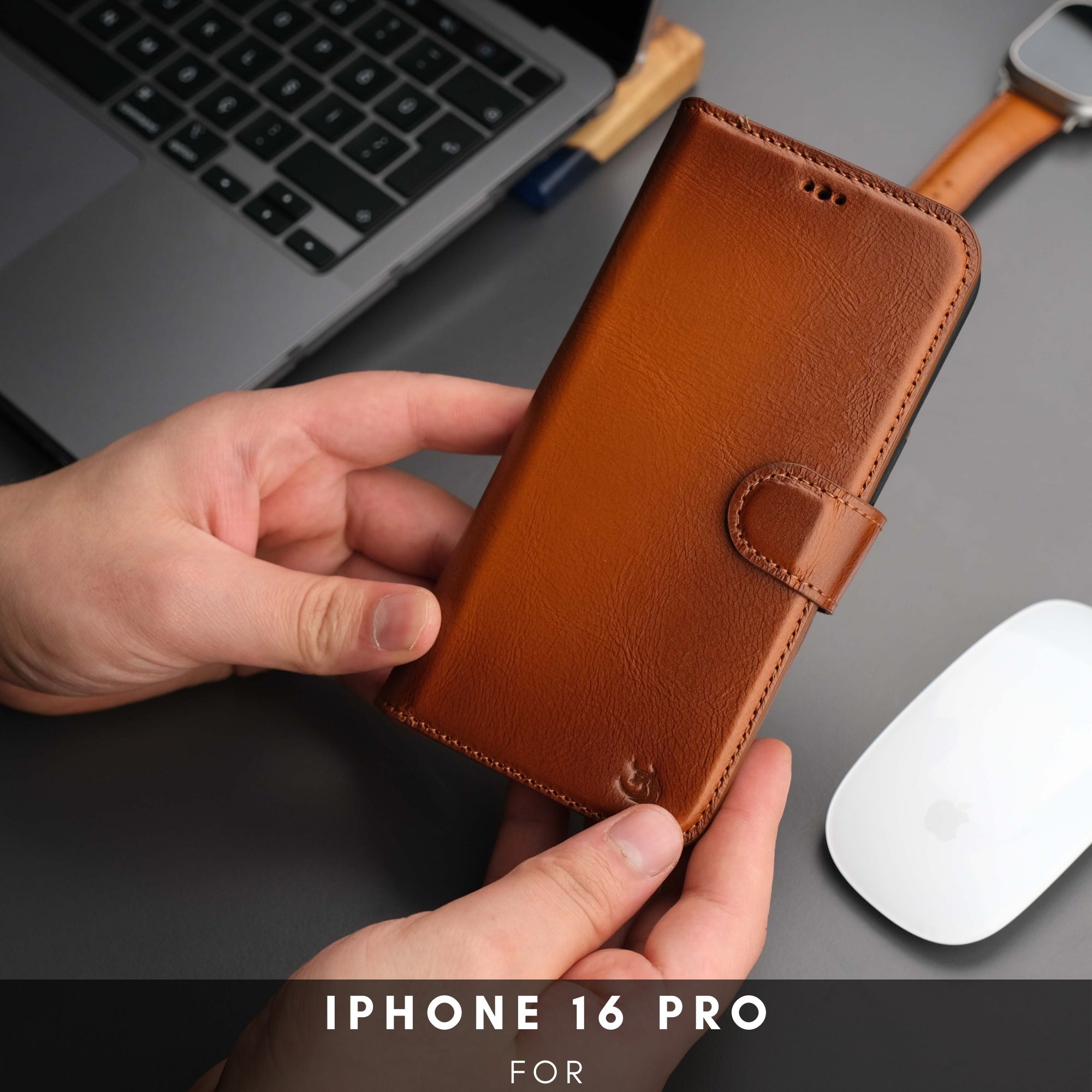 Full-grain leather wallet case for iPhone 16 Pro with card slots and detachable magnetic cover — view 2
