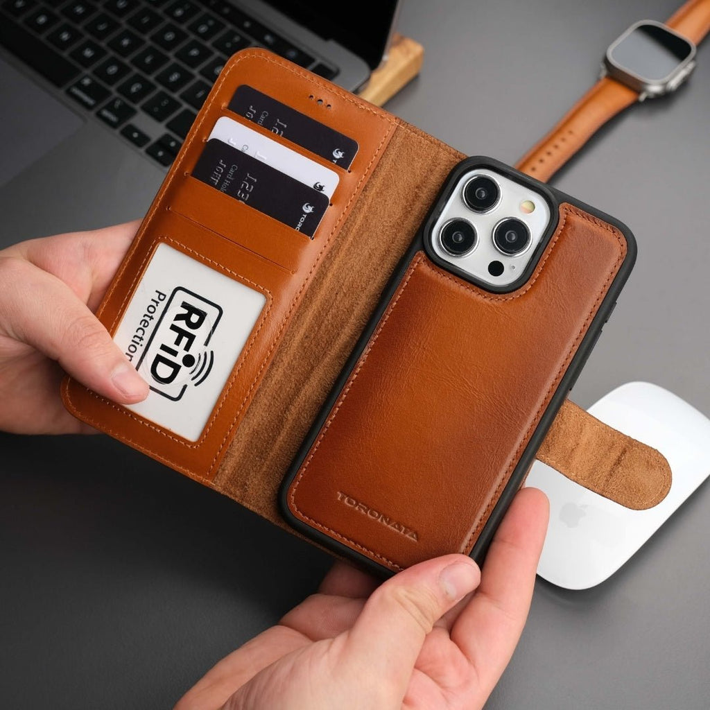 Full-grain leather wallet case for iPhone 16 Pro with card slots and detachable magnetic cover