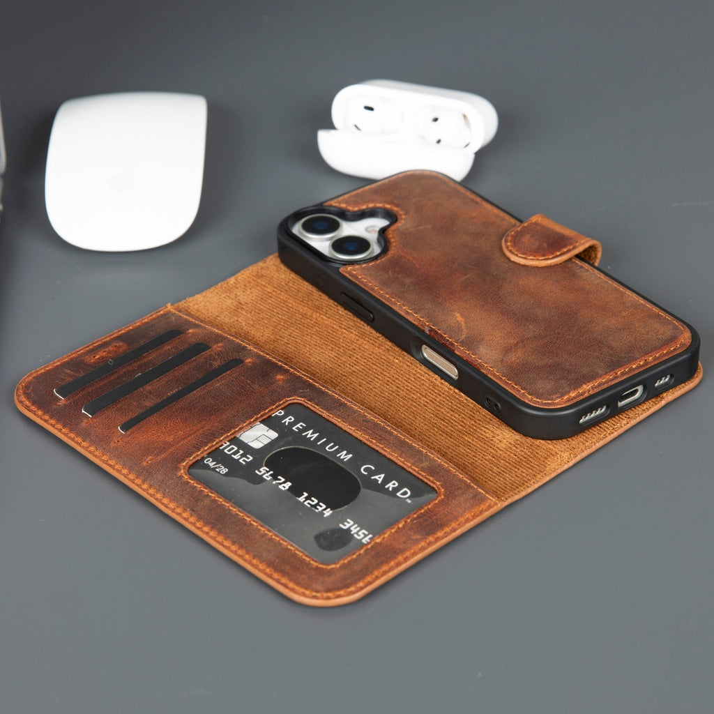 Premium full-grain leather iPhone 17 wallet case with detachable MagSafe cover and card slots.