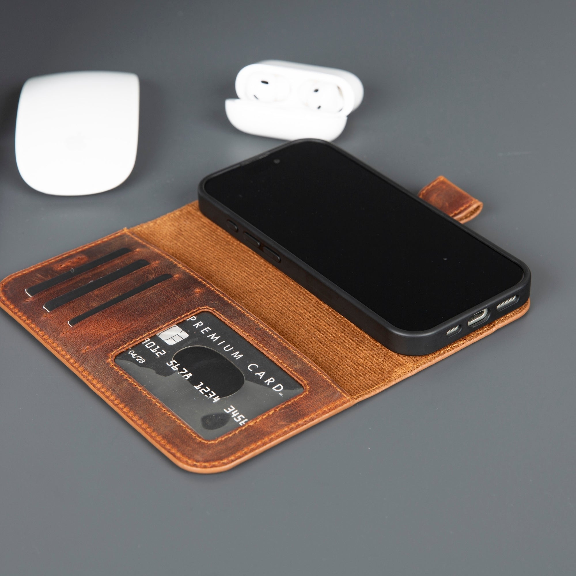 Premium full-grain leather iPhone 17 wallet case with detachable MagSafe cover and card slots. — view 3