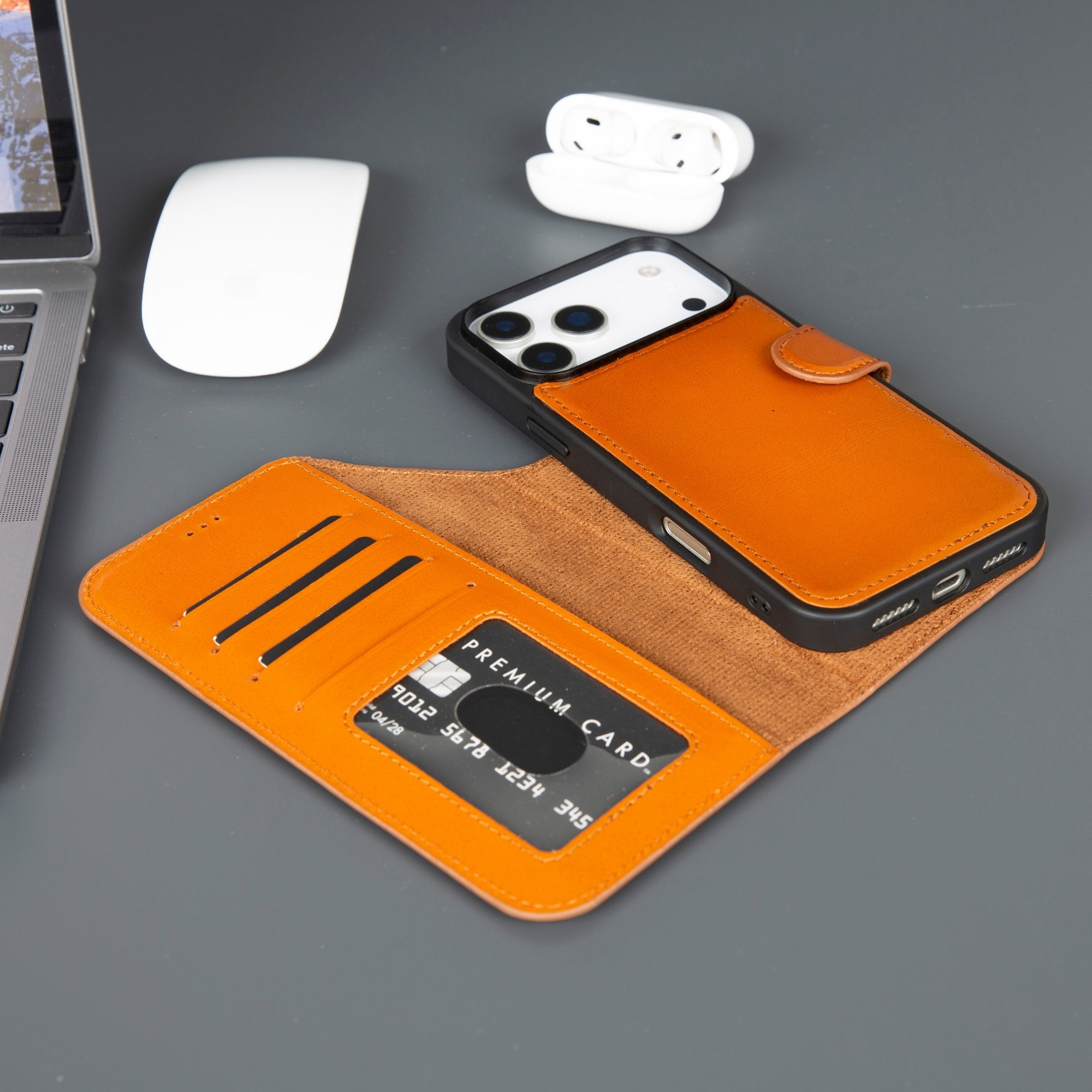 iPhone 17 Pro leather wallet case with card slots, magnetic cover, and folding stand.