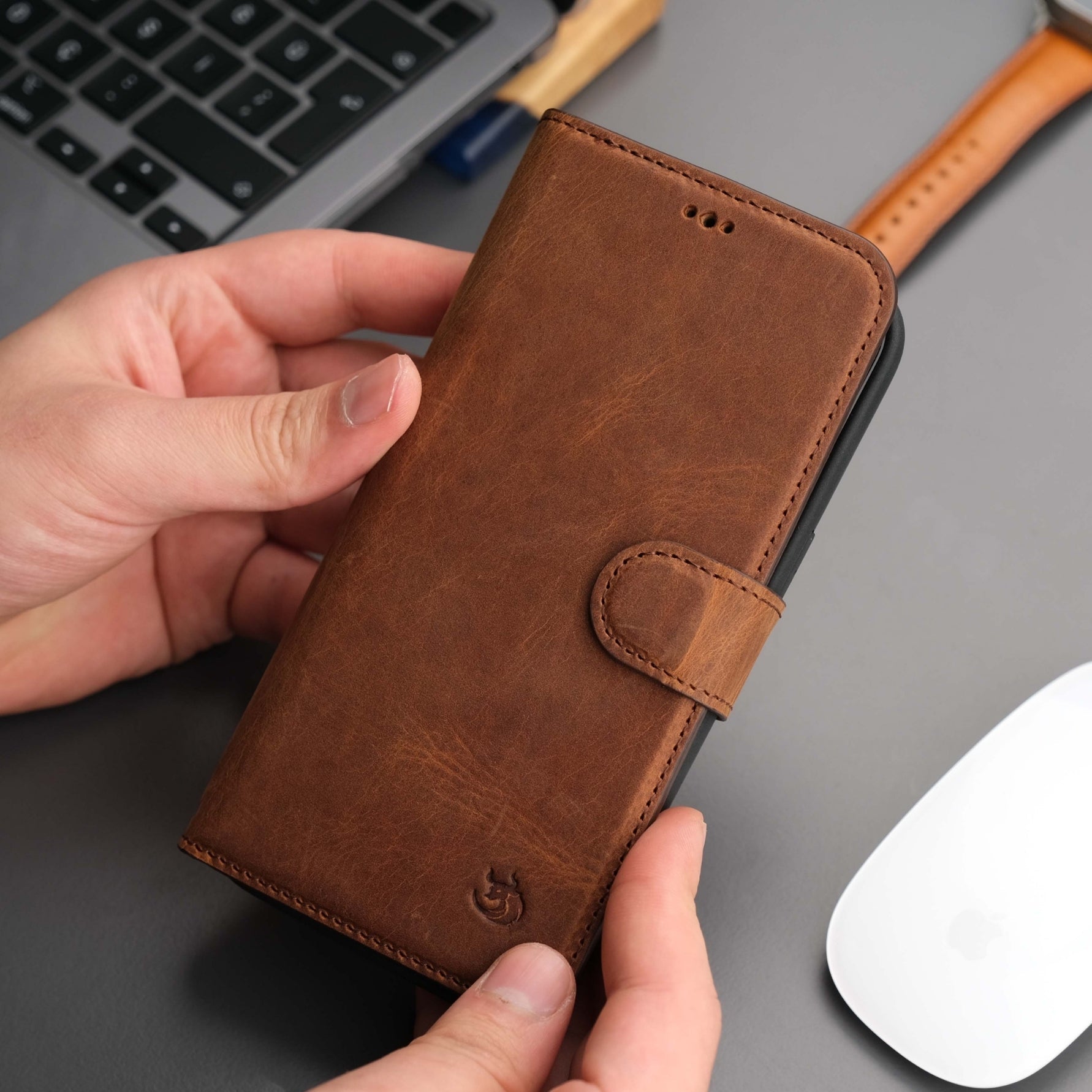 Full grain leather iPhone 14 Pro wallet case with card slots, kickstand, and detachable magnetic cover — view 3