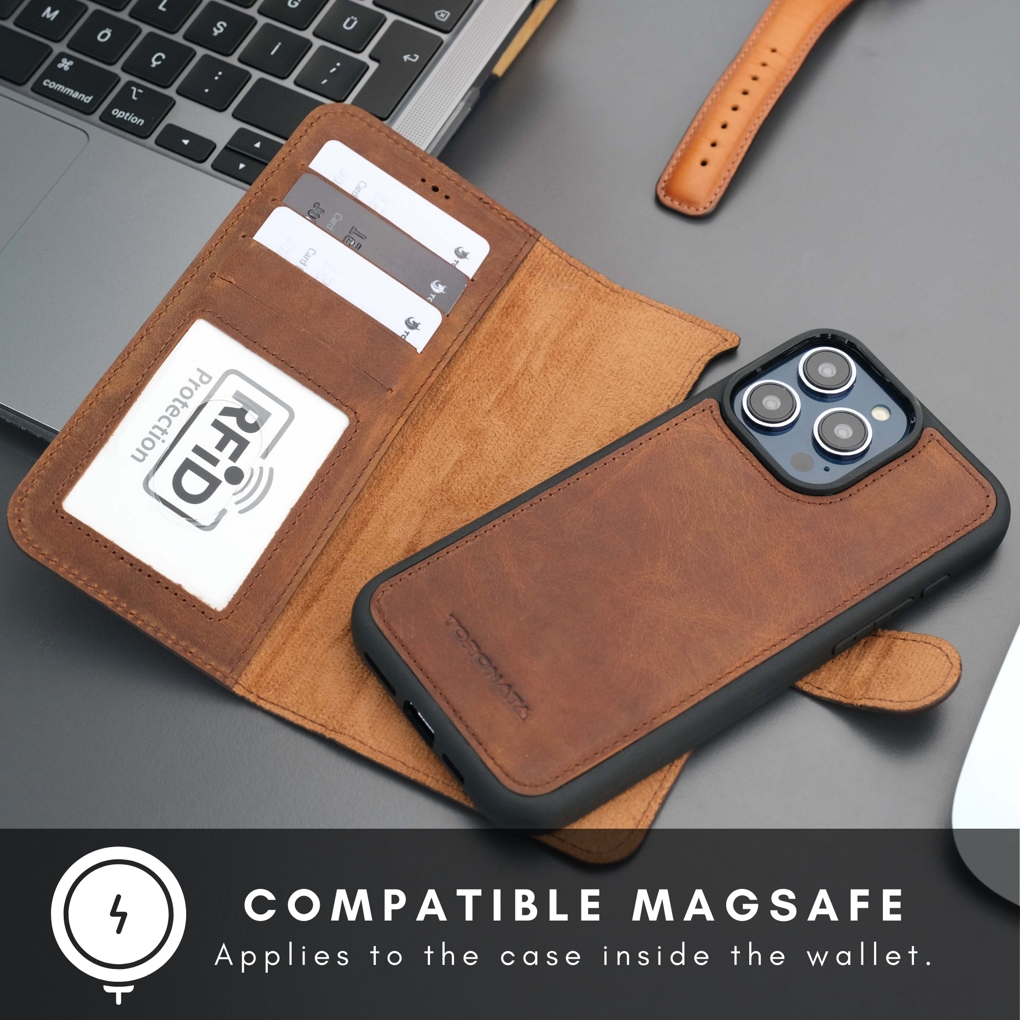 Full grain leather iPhone 14 Pro wallet case with card slots, kickstand, and detachable magnetic cover — view 5