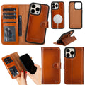 Full-grain leather iPhone 15 Pro wallet case with card slots and detachable magnetic back cover