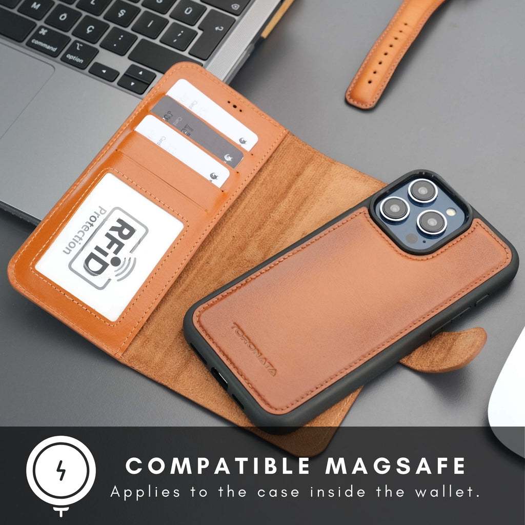 Full-grain leather iPhone 15 Pro wallet case with card slots and detachable magnetic back cover — view 5