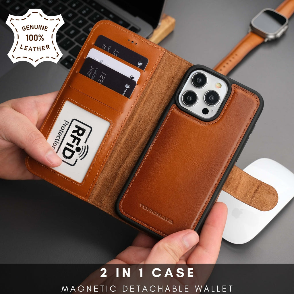 Full-grain leather iPhone 15 Pro wallet case with card slots and detachable magnetic back cover — view 2