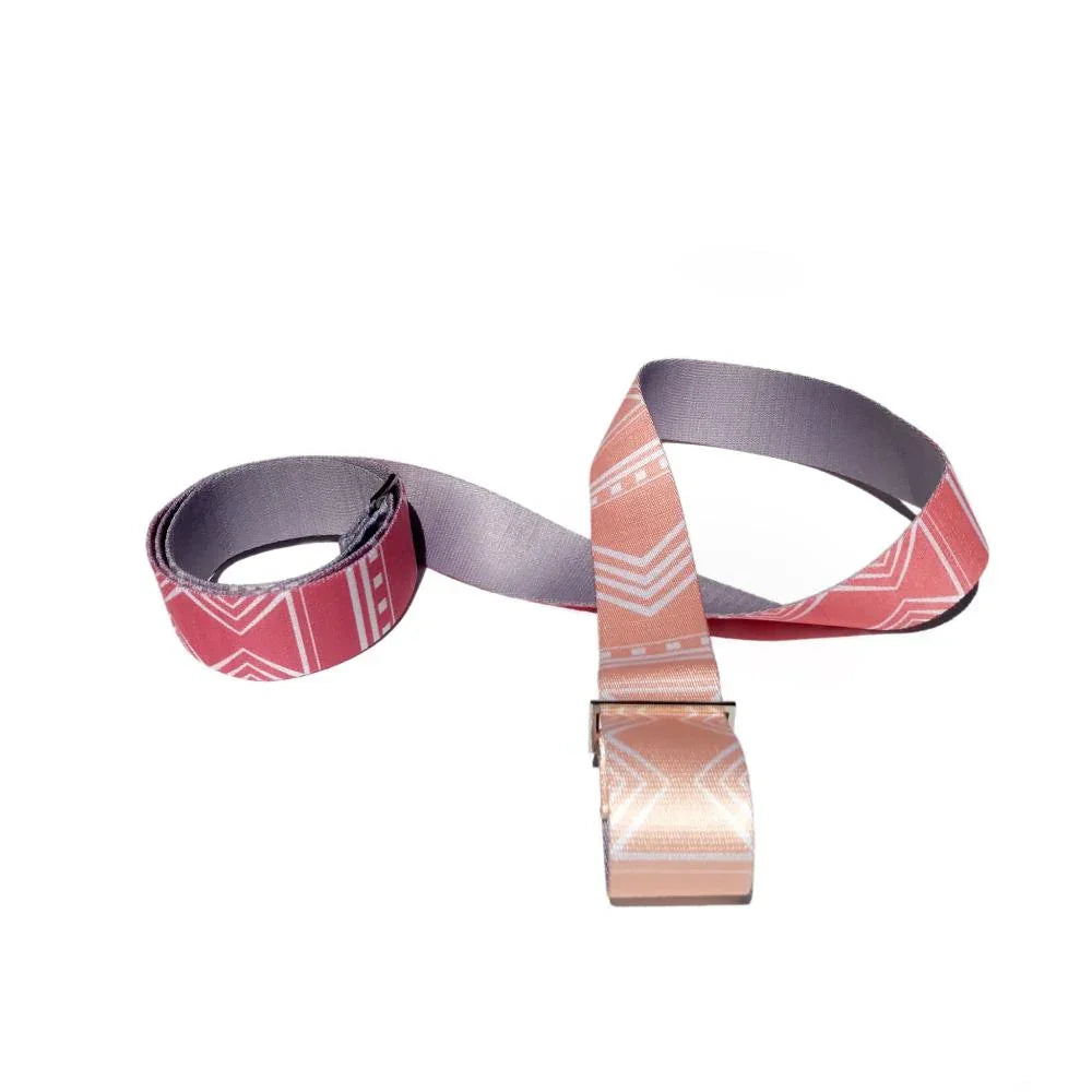 Pink organic cotton yoga strap with abstract print and silver metal D-ring buckles