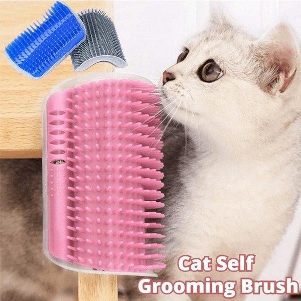 Cat Bliss Brush self grooming wall corner massage device in blue plastic with soft rubber bristles