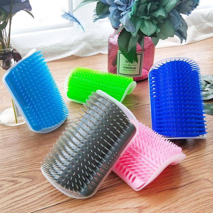Cat Bliss Brush self grooming wall corner massage device in blue plastic with soft rubber bristles — view 2