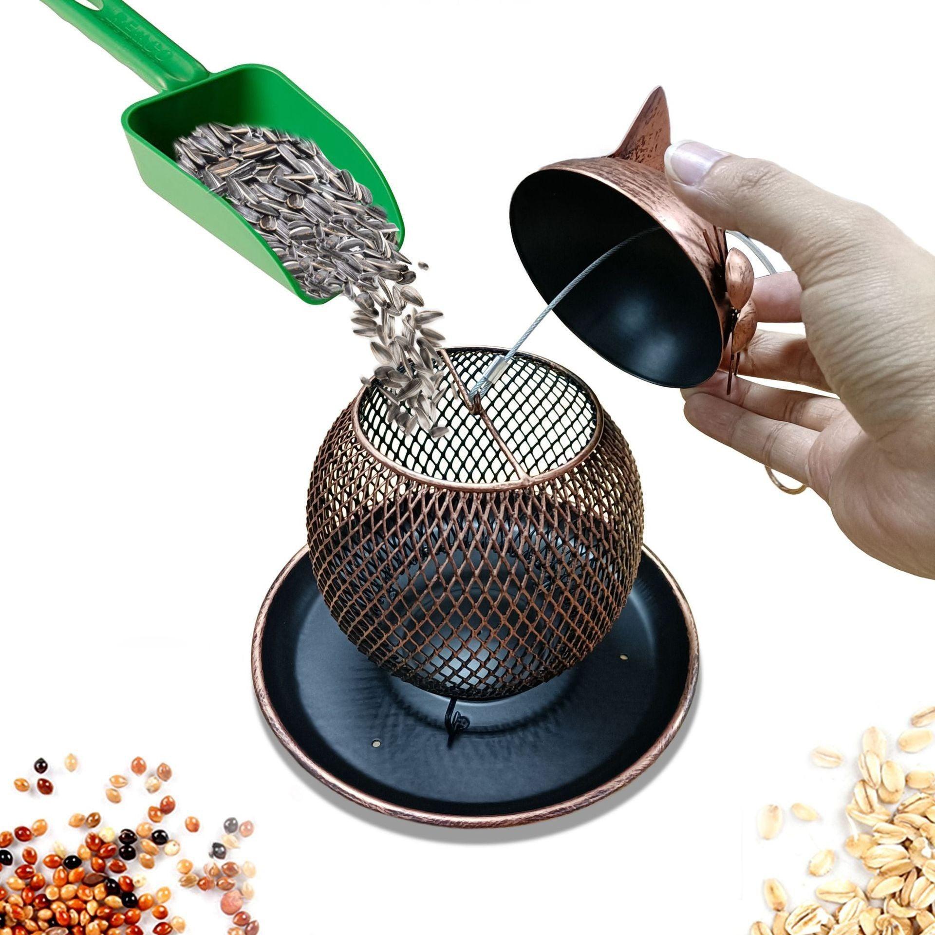 Handcrafted iron Cat Haven bird feeder with wire mesh design and a spill-proof seed tray. — view 4