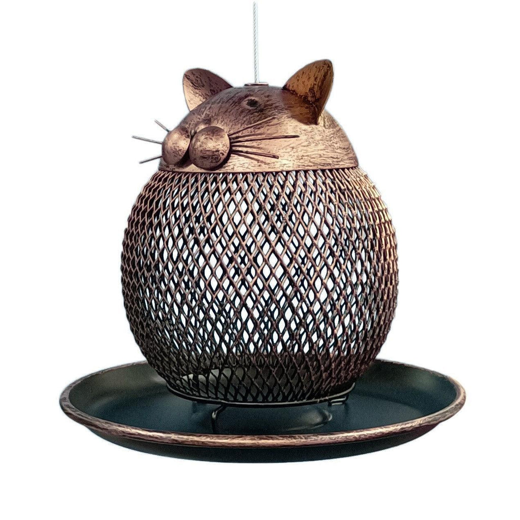 Handcrafted iron Cat Haven bird feeder with wire mesh design and a spill-proof seed tray. — view 3