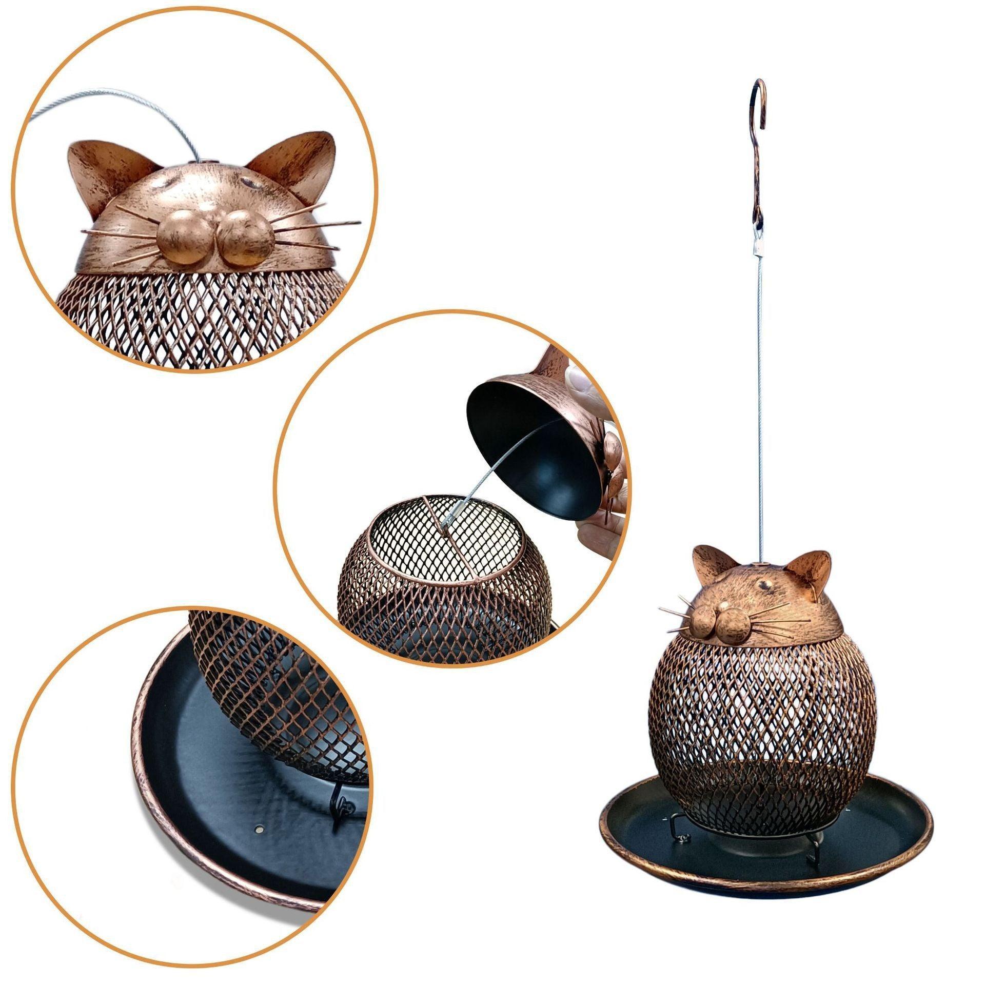 Handcrafted iron Cat Haven bird feeder with wire mesh design and a spill-proof seed tray. — view 5