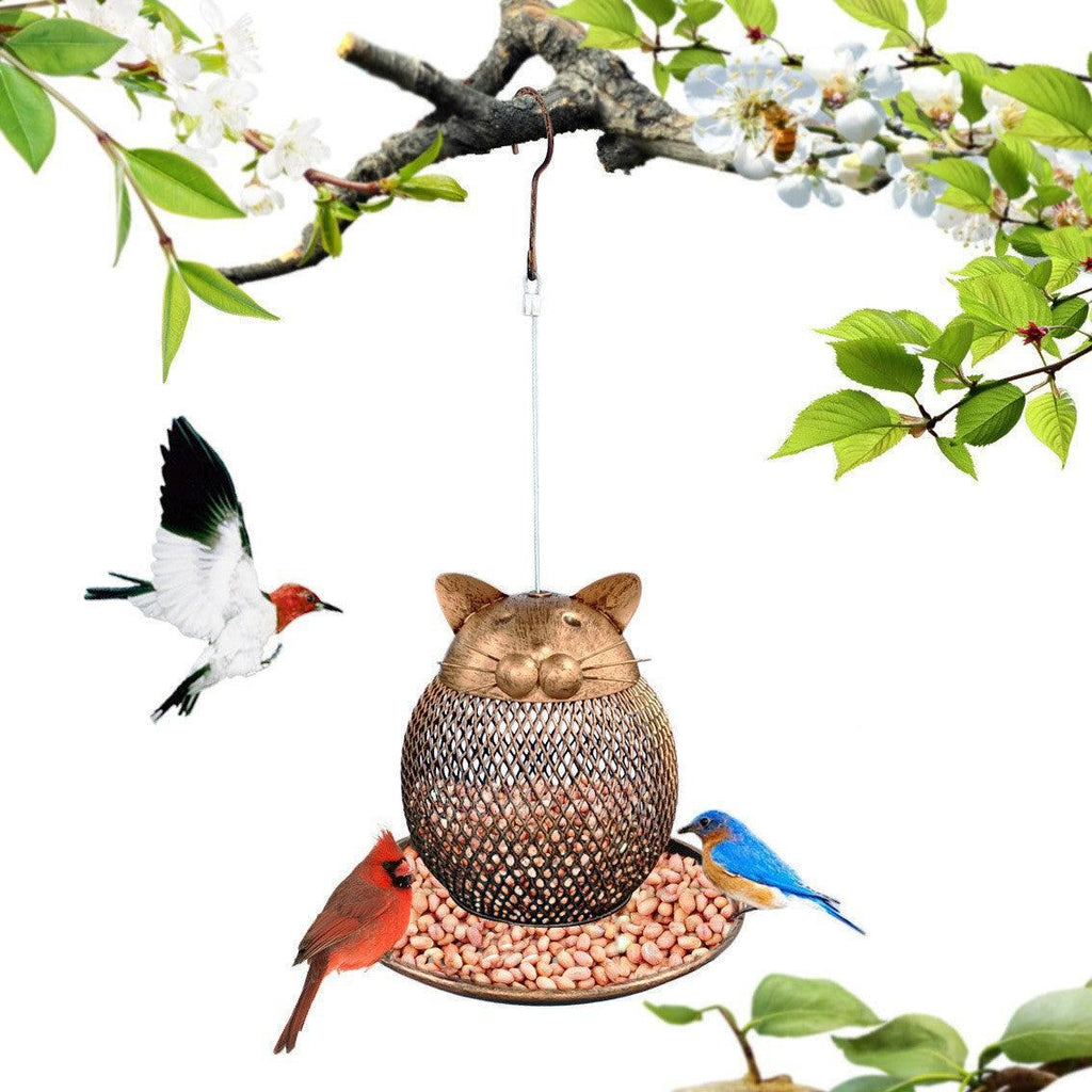 Handcrafted iron Cat Haven bird feeder with wire mesh design and a spill-proof seed tray.
