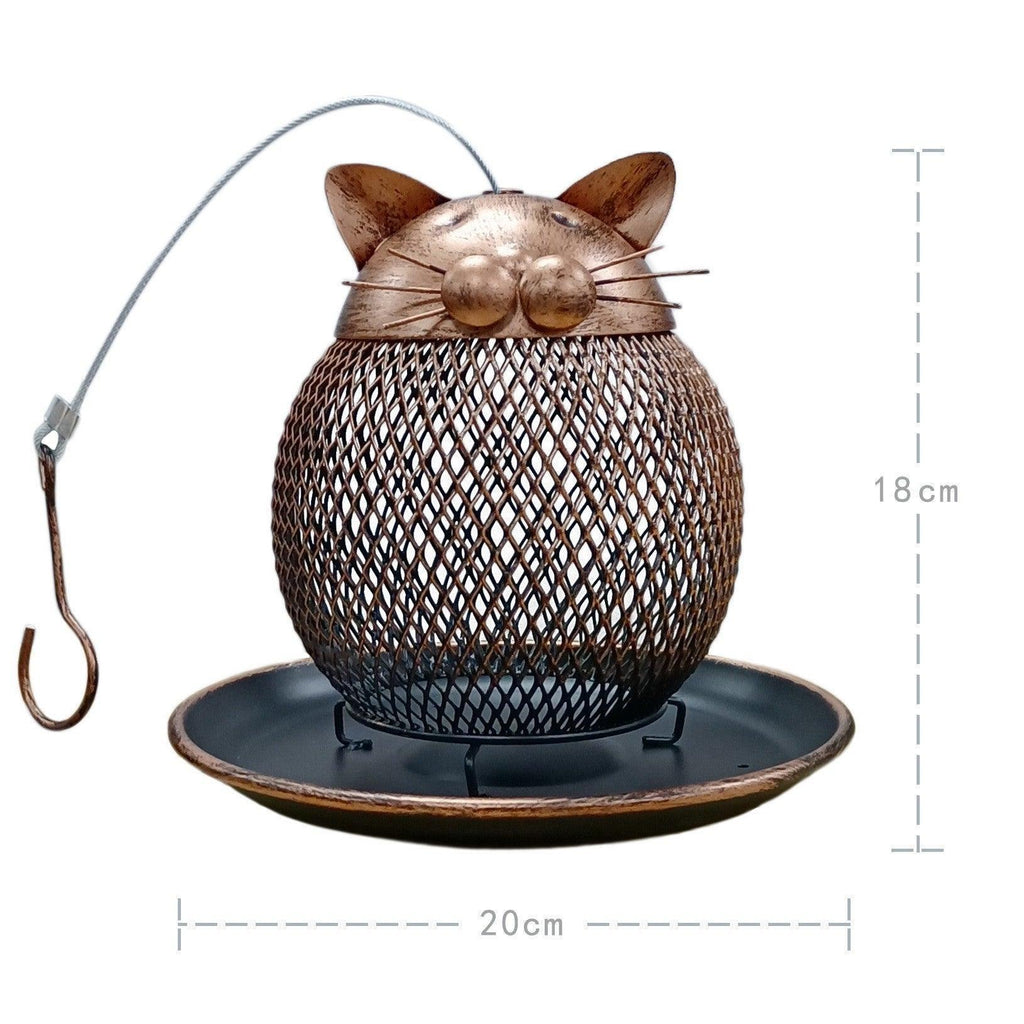 Handcrafted iron Cat Haven bird feeder with wire mesh design and a spill-proof seed tray. — view 2