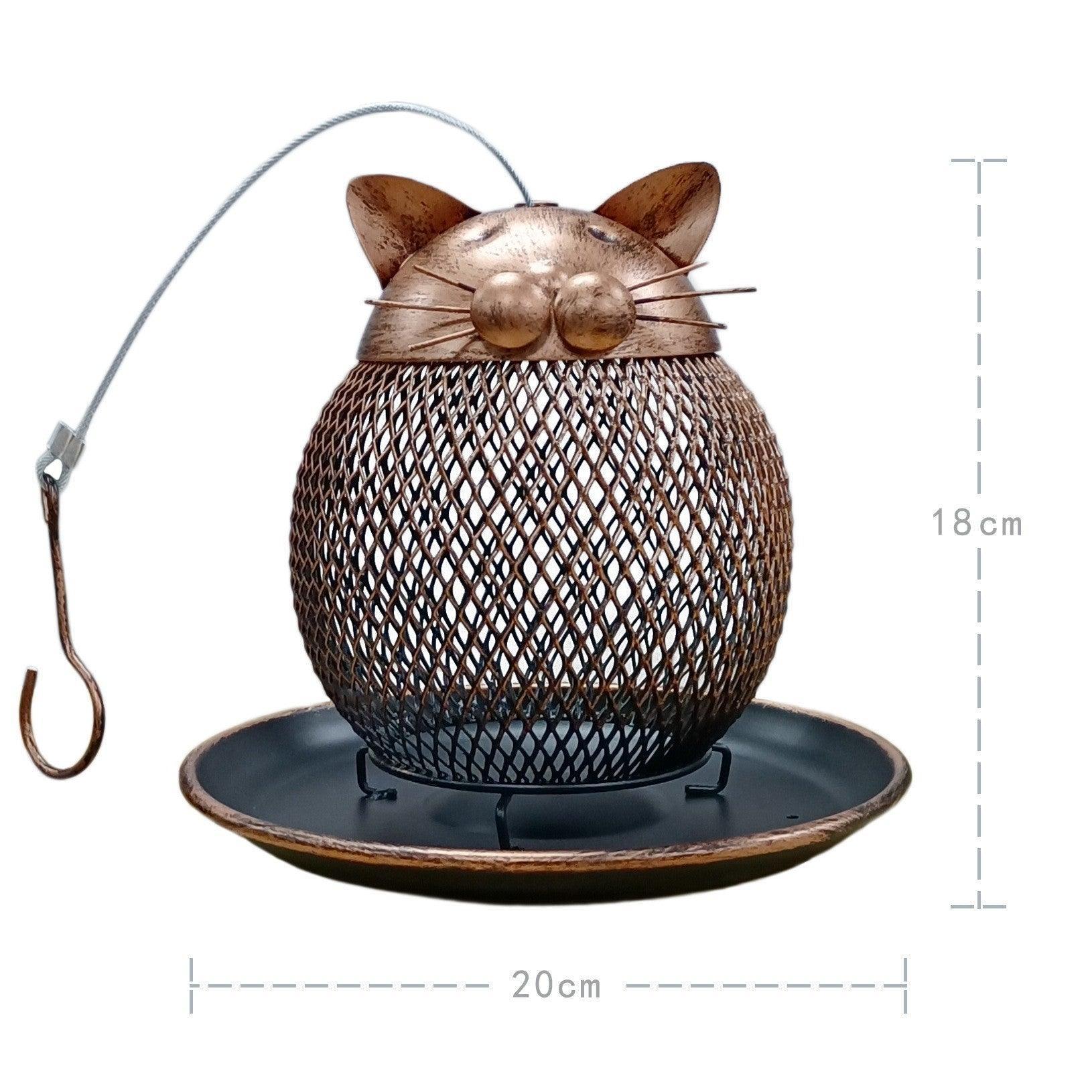 Handcrafted iron Cat Haven bird feeder with wire mesh design and a spill-proof seed tray. — view 2
