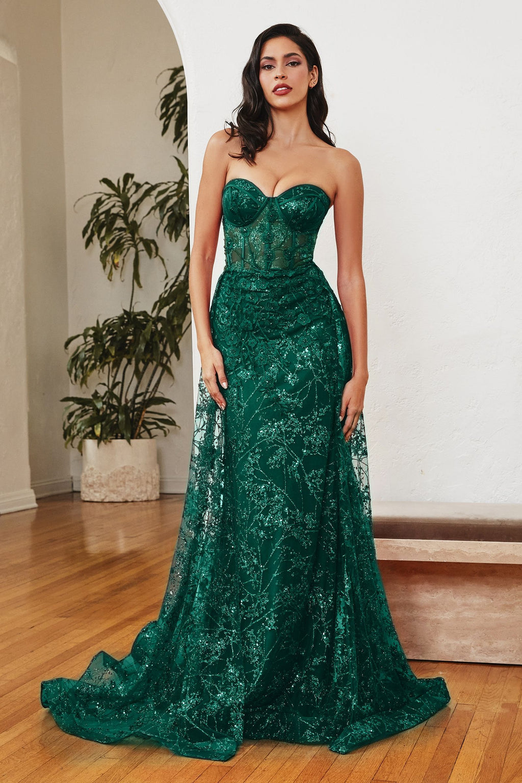 Dusty Blue, Red, Green Strapless Glitter Lace Gown with Detachable Overskirt  CDCB046-5
