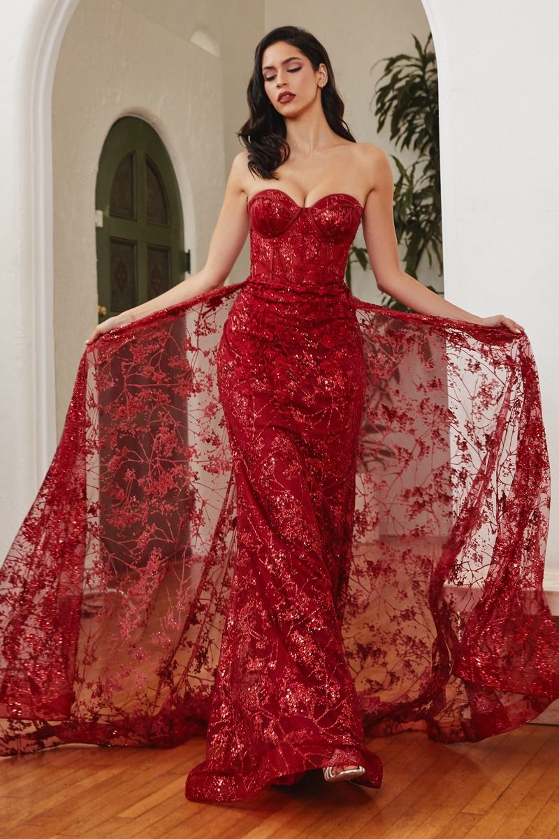 Dusty Blue, Red, Green Strapless Glitter Lace Gown with Detachable Overskirt  CDCB046-4