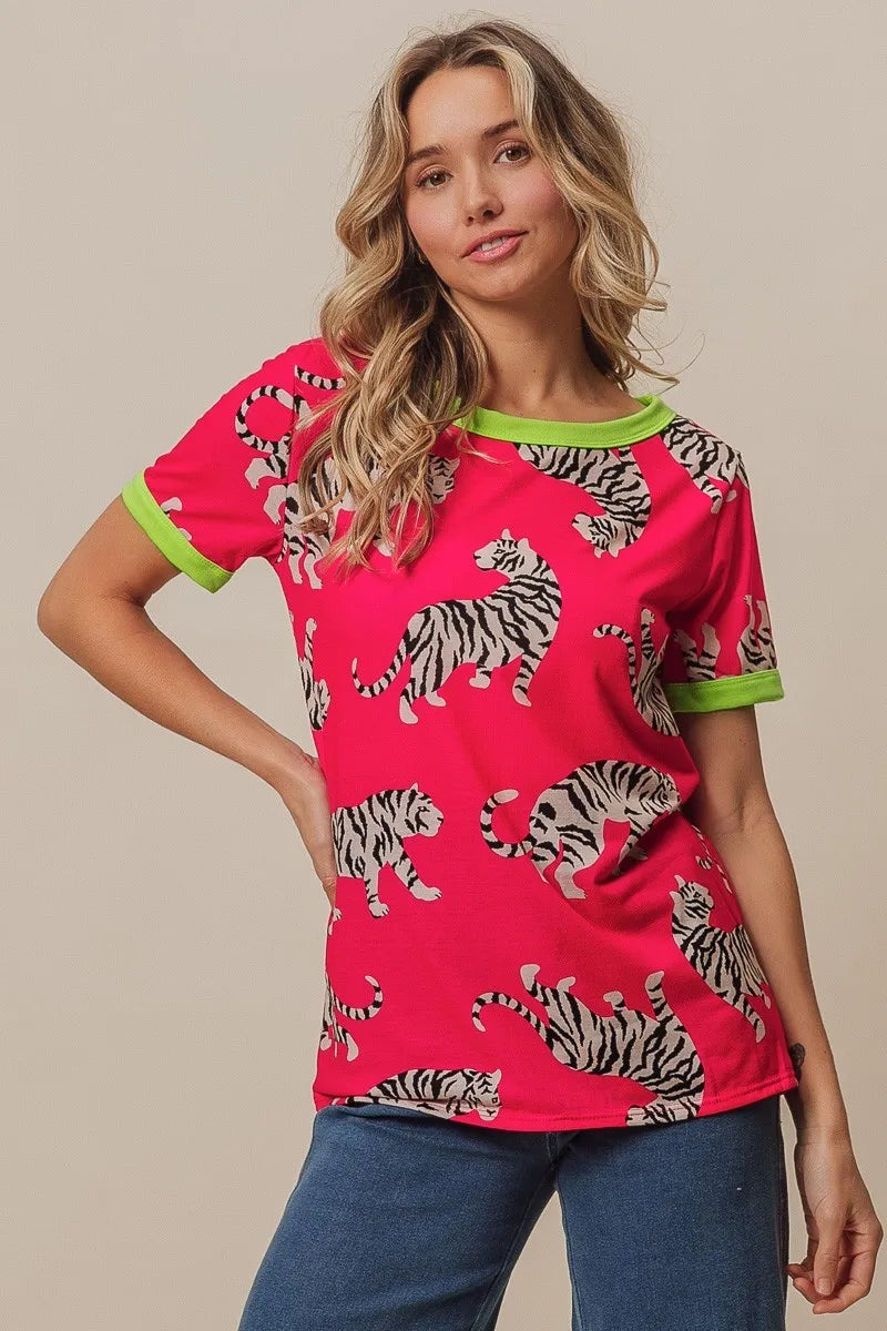 Big Tiger Print Jersey Contrast Ringer Top-1