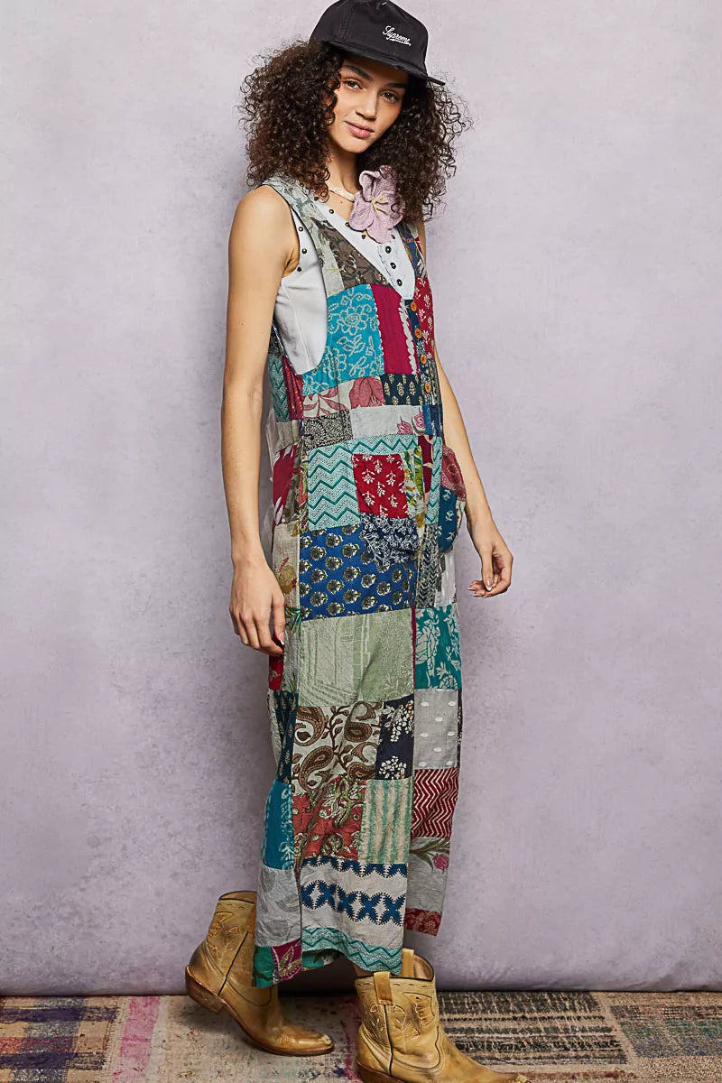 POL sleeveless patchwork wide leg jumpsuit in 100% cotton with deep V-neck and patch pockets — view 3