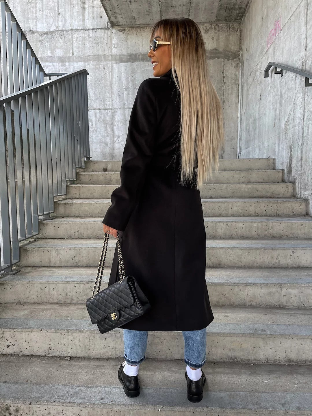 Double-breasted Lapel Split Jacket With Belt Winter Fashion Casual Long Sleeve Button Daily Coats For Women Clothing-1