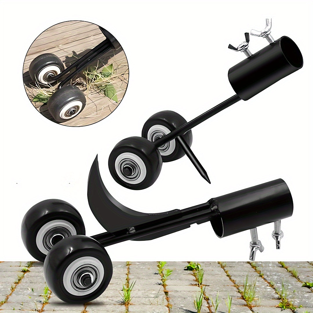 Black multi purpose leaf gutter cleaner and weeding tool with dual roller tires for driveway edging — view 4