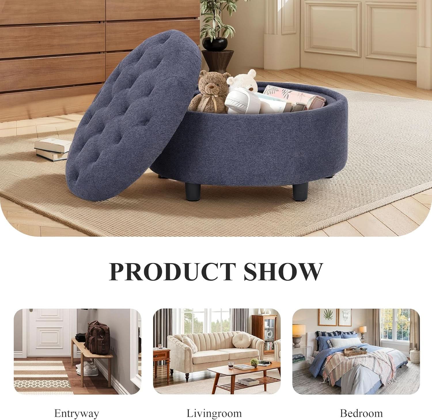 Blue upholstered circular storage ottoman with reversible wooden serving tray and hidden storage compartment — view 5