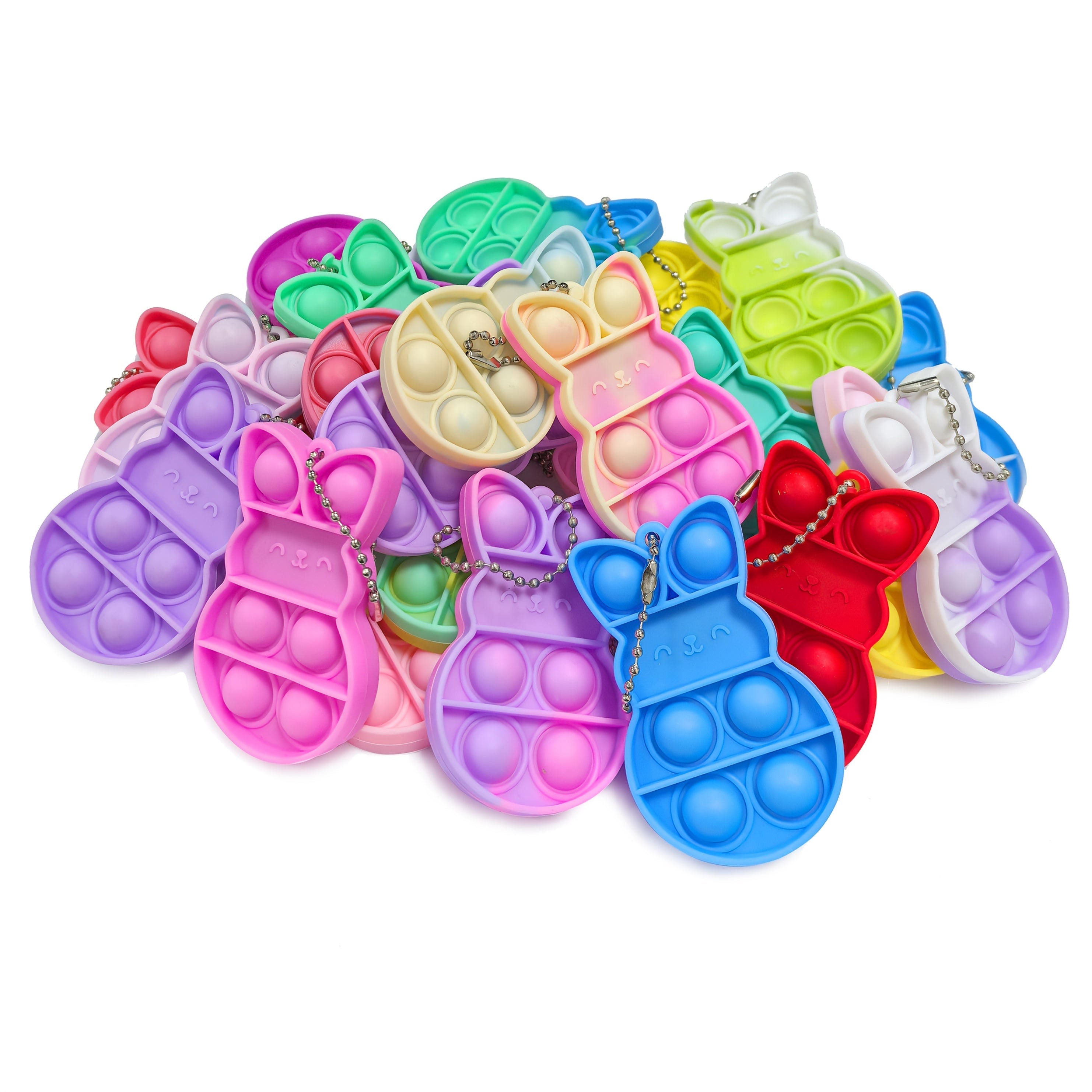 24-piece Easter bunny pop fidget keychains in mixed spring colors made of durable rubber