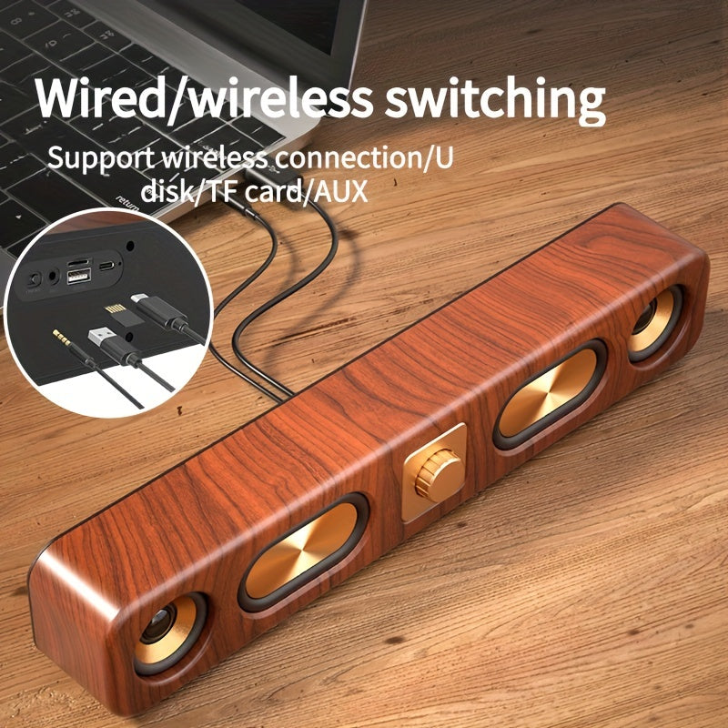 Wireless dual bass Bluetooth speaker featuring a sleek wood grain finish and modern portable design — view 4