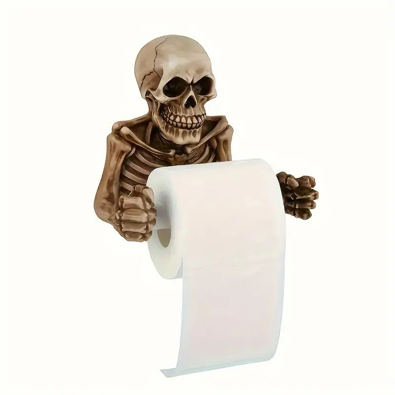 Retro gothic wall mounted skull toilet paper holder crafted from durable resin dispensing a roll