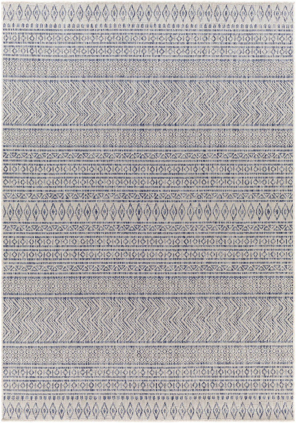 Madras navy blue and gray bohemian performance outdoor area rug in a low profile rectangular shape