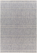 Madras navy blue and gray bohemian performance outdoor area rug in a low profile rectangular shape