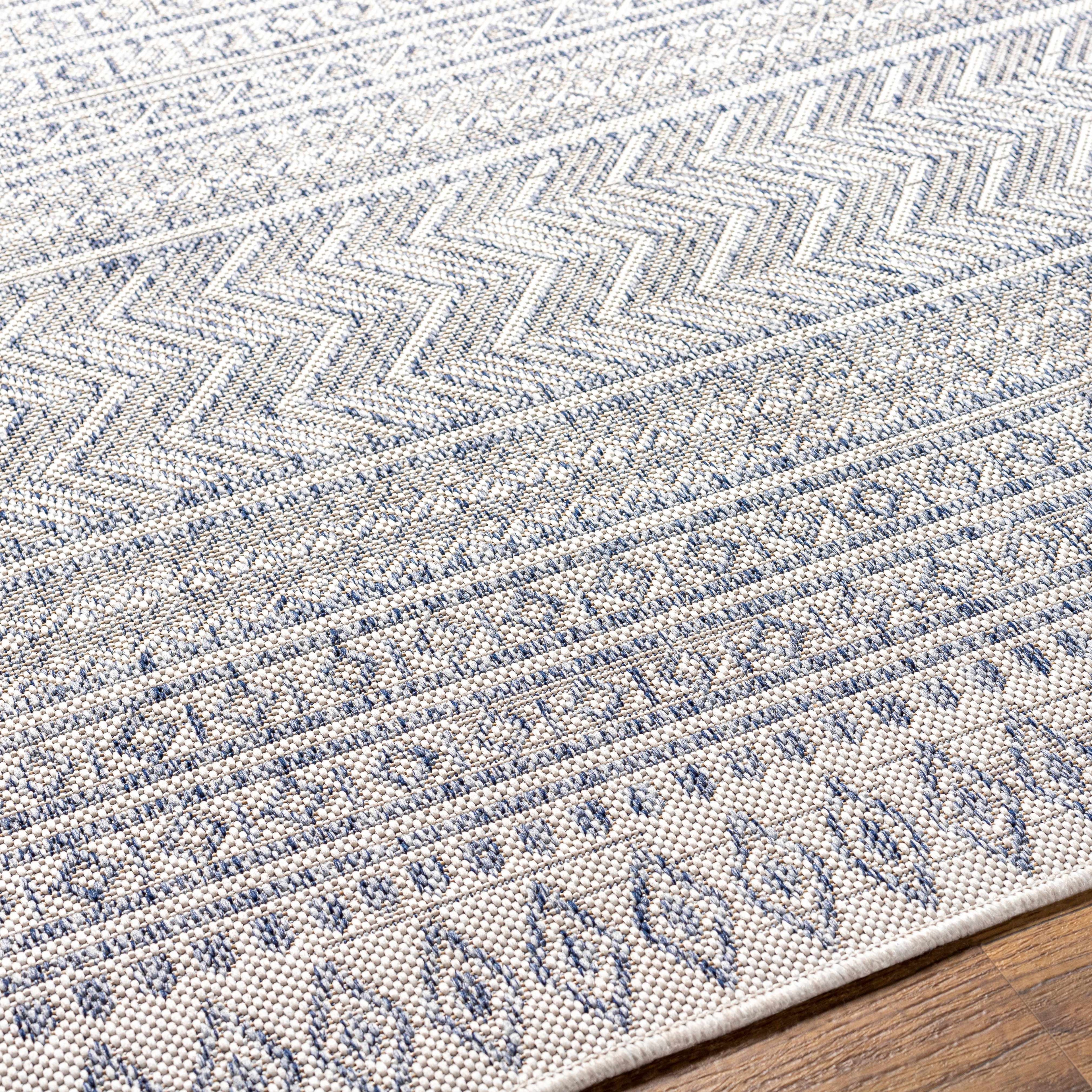 Madras navy blue and gray bohemian performance outdoor area rug in a low profile rectangular shape — view 4