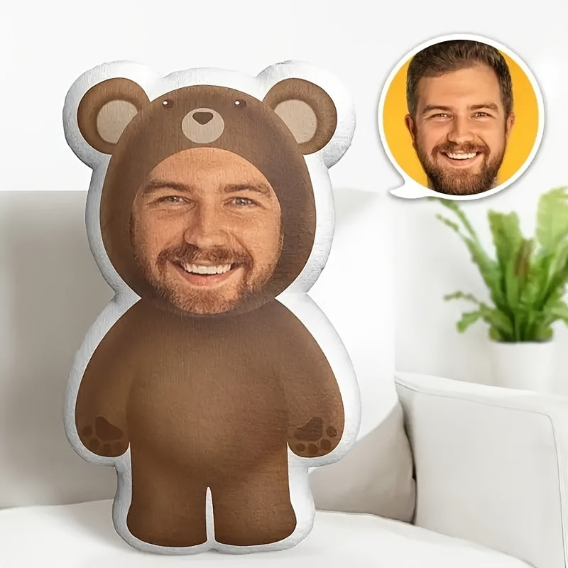 Custom bear face plush pillow with personalized photo detailing crafted from soft mixed color woven polyester — view 3