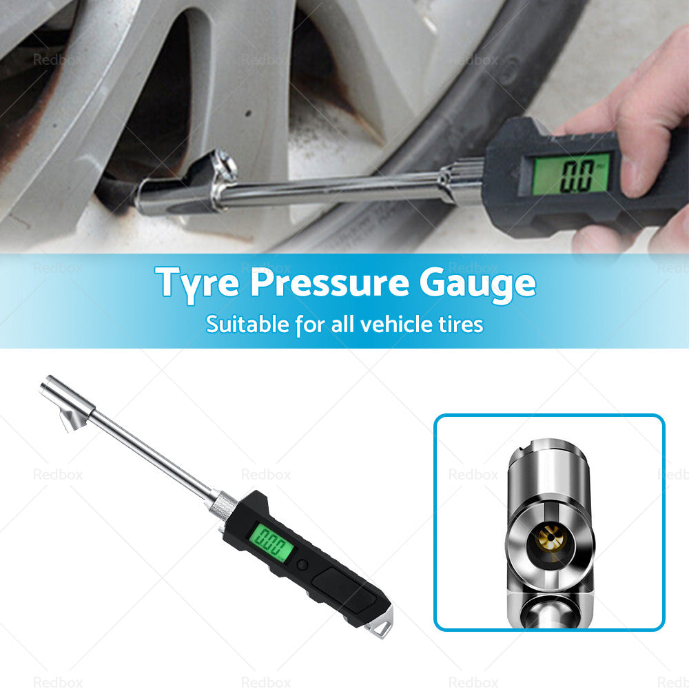 Digital dual-head tire pressure gauge with backlit LCD screen and stainless steel grip — view 3