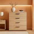 Oak structure four drawer chest with modern silver bar handles for bedroom or entryway storage